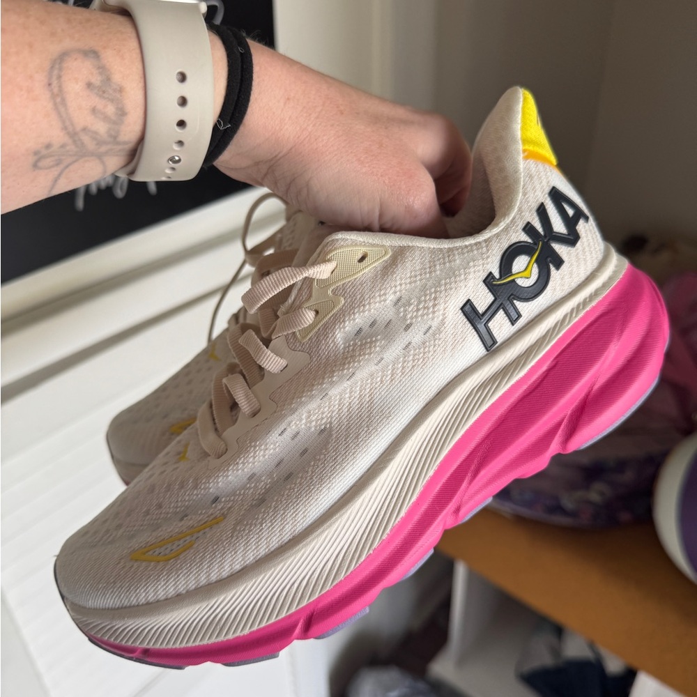 HOKA Women's Cream and Pink Running Shoes